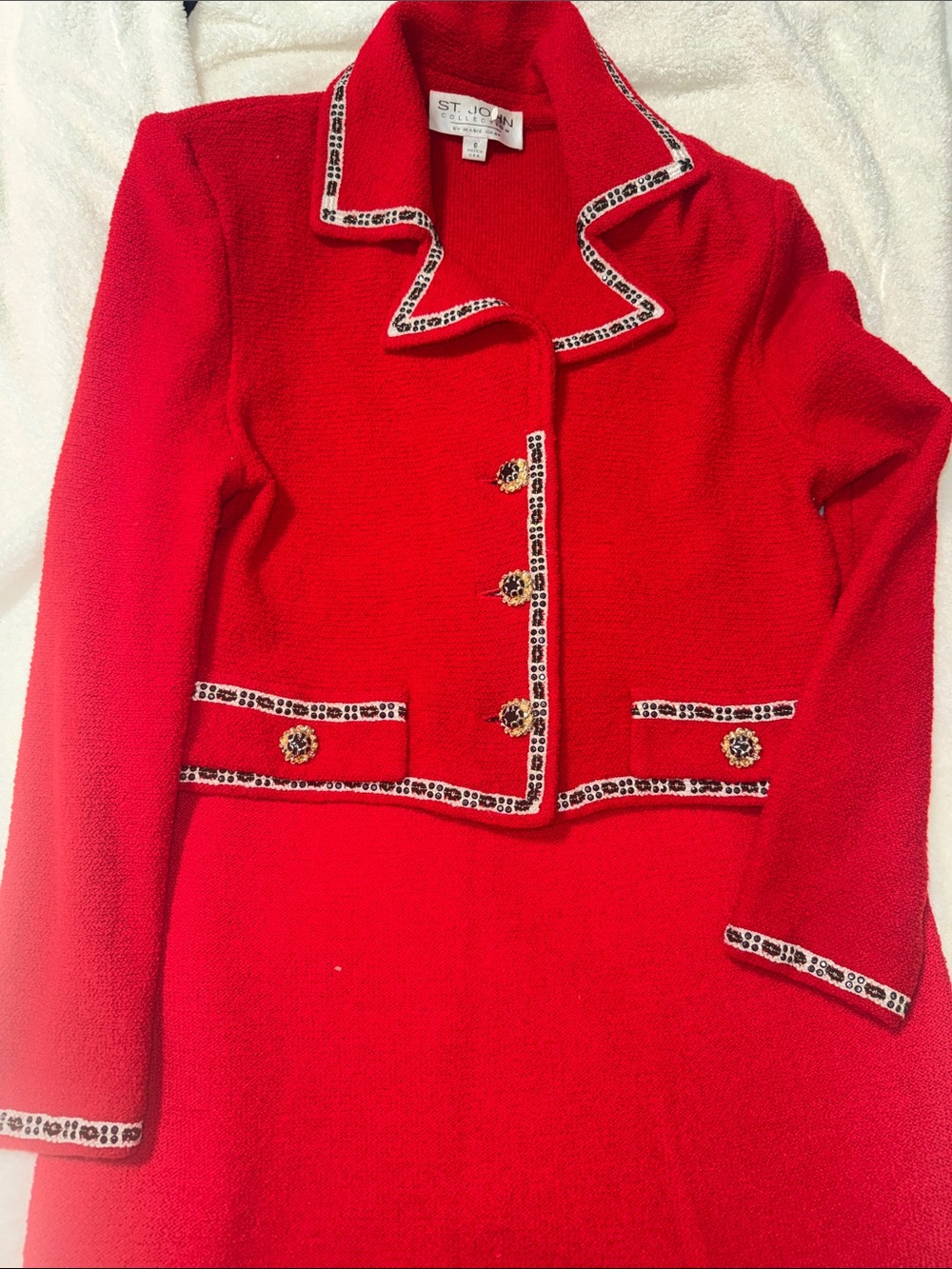 St. John Red Cropped Knit Blazer with Contrast Trim